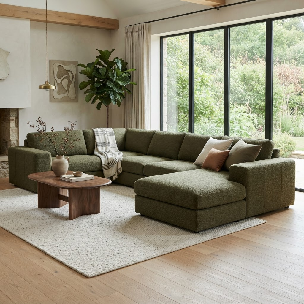 Olive green modular sofa in a bright interior