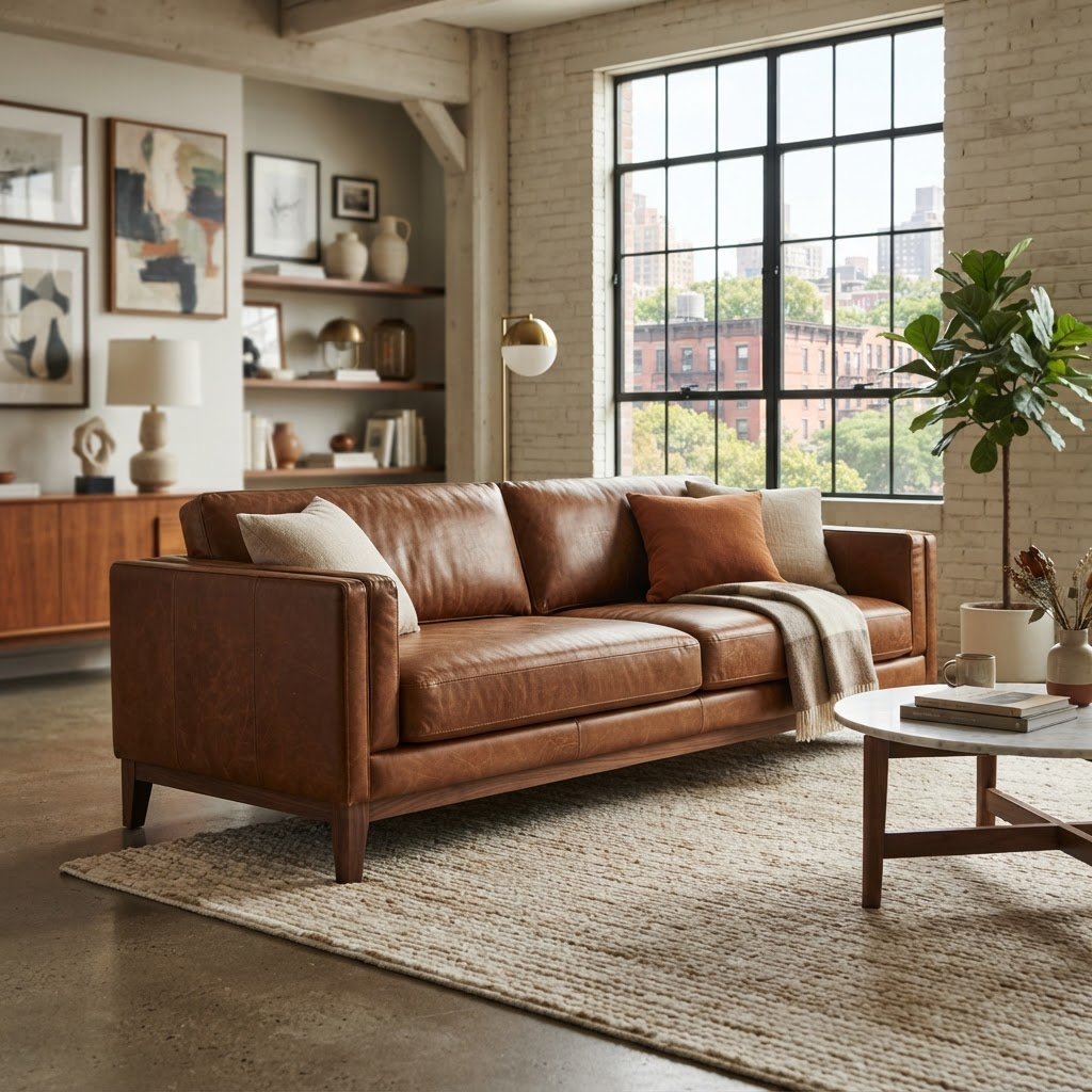 Cognac leather sofa detail